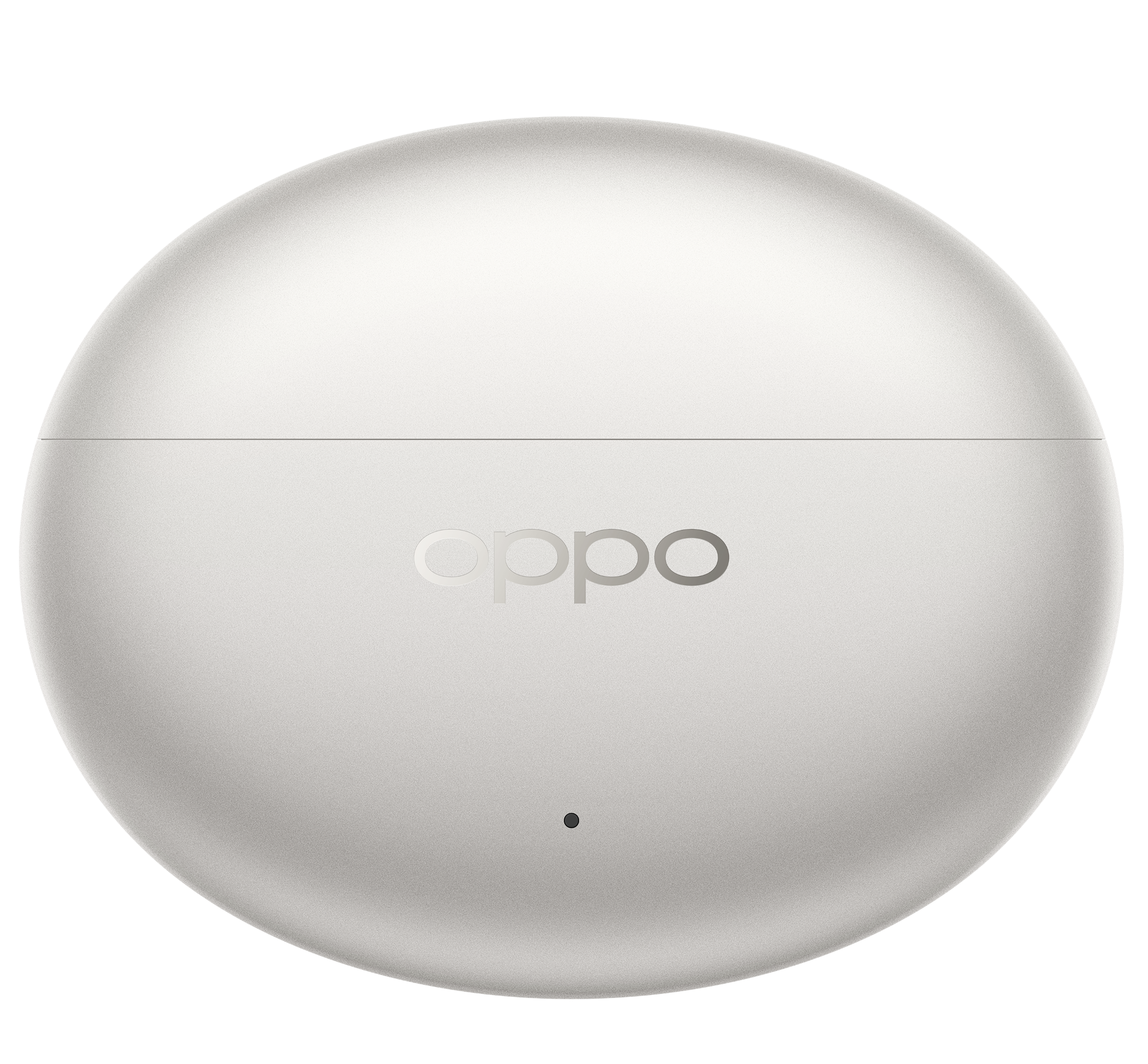 Białe, okrągłe etui ładujące OPPO z małą czarną kropką z przodu.