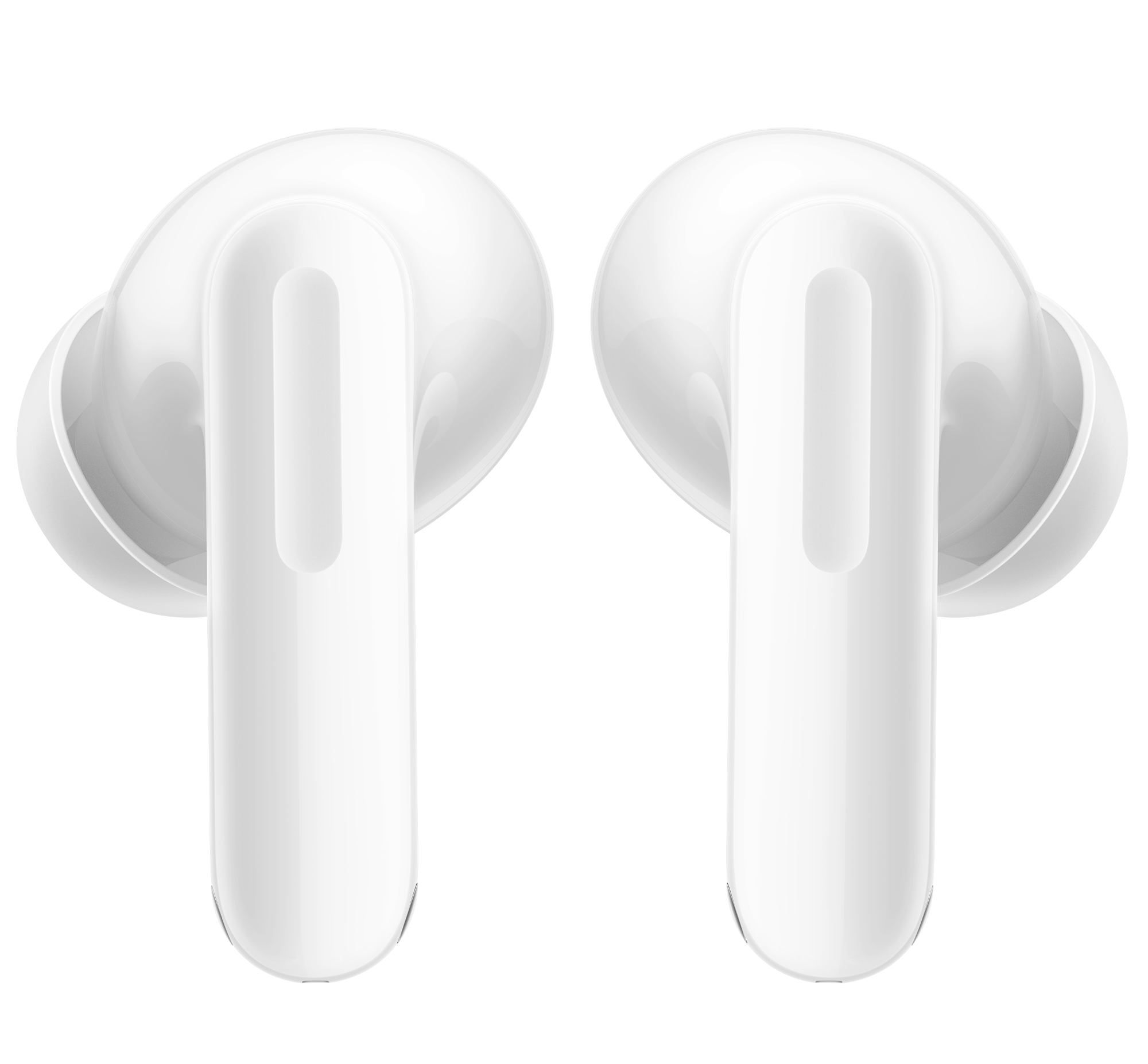 Dwa białe słuchawki bezprzewodowe na czarnym tle.