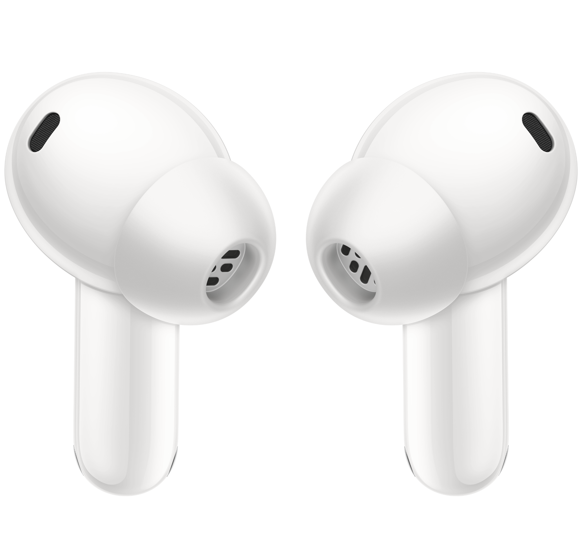 Dwa białe słuchawki bezprzewodowe z czarnymi siateczkami na czarnym tle.