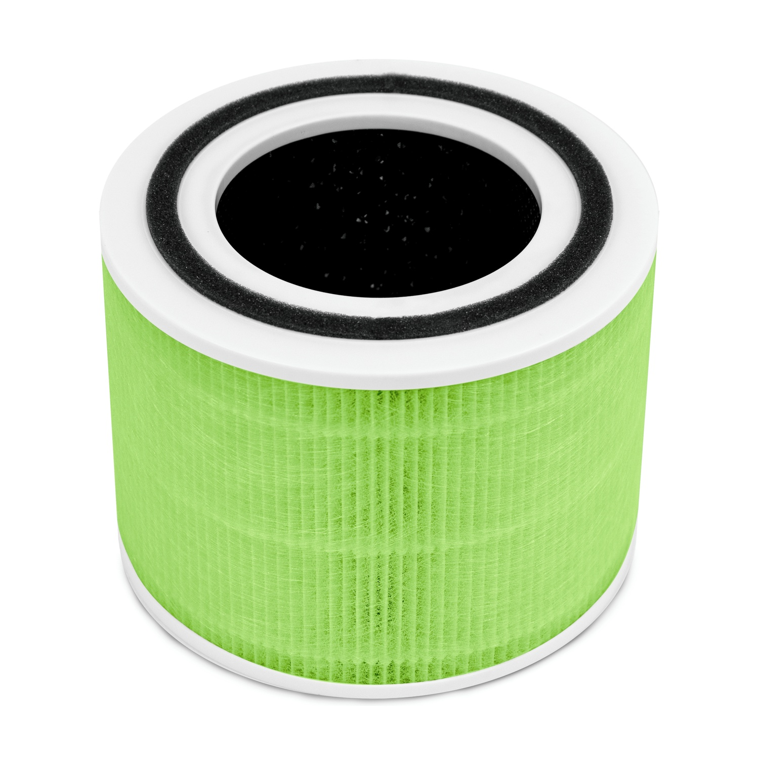 Un filtro dell'aria rotondo, verde chiaro, con cassa bianca e guarnizione nera.