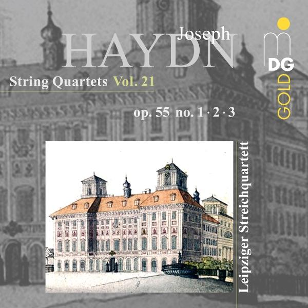 Cover mit Haydns Streichquartetten Vol. 21, op. 55, und einer Zeichnung eines Gebäudes.