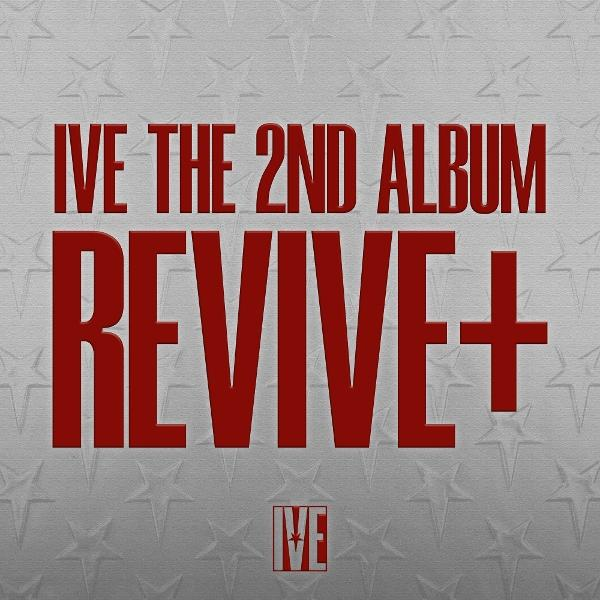 Roter Text auf grauem Hintergrund mit Sternenmuster: IVE THE 2ND ALBUM REVIVE+