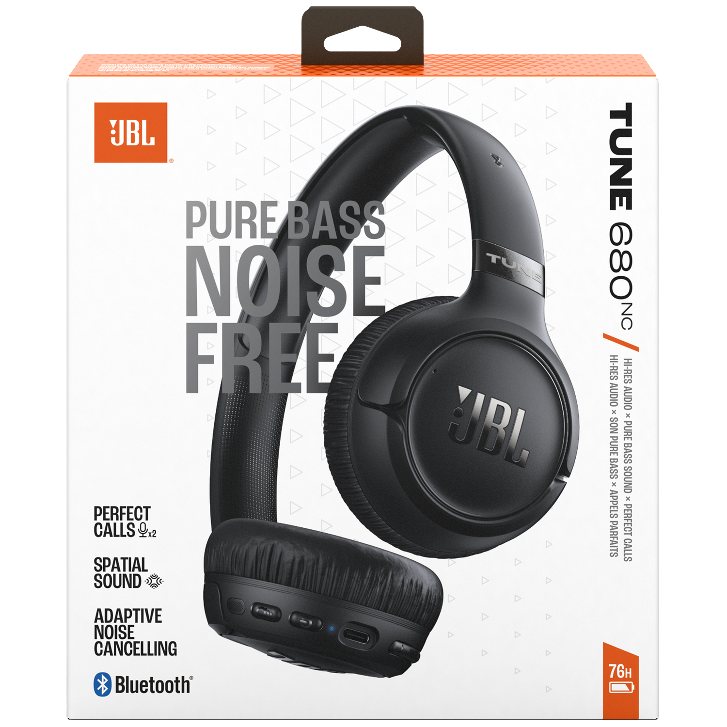 Zwarte JBL Tune 680NC koptelefoon op witte verpakking met oranje accenten.