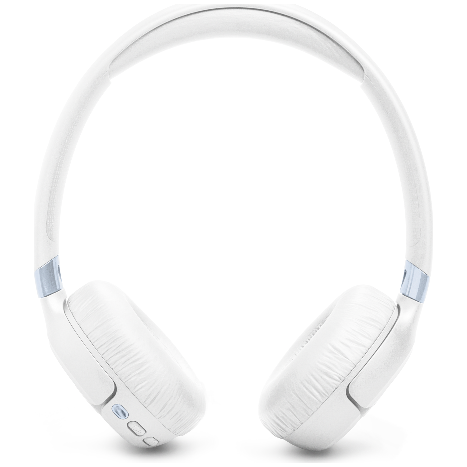 White headphones with a blue accent on a white background.