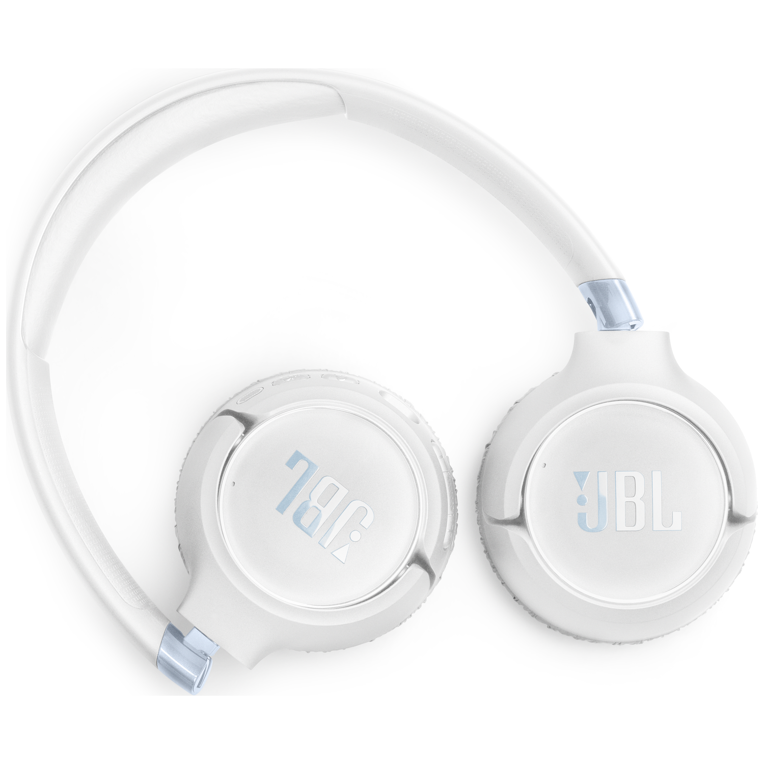 White JBL headphones with blue logo, on a white background.