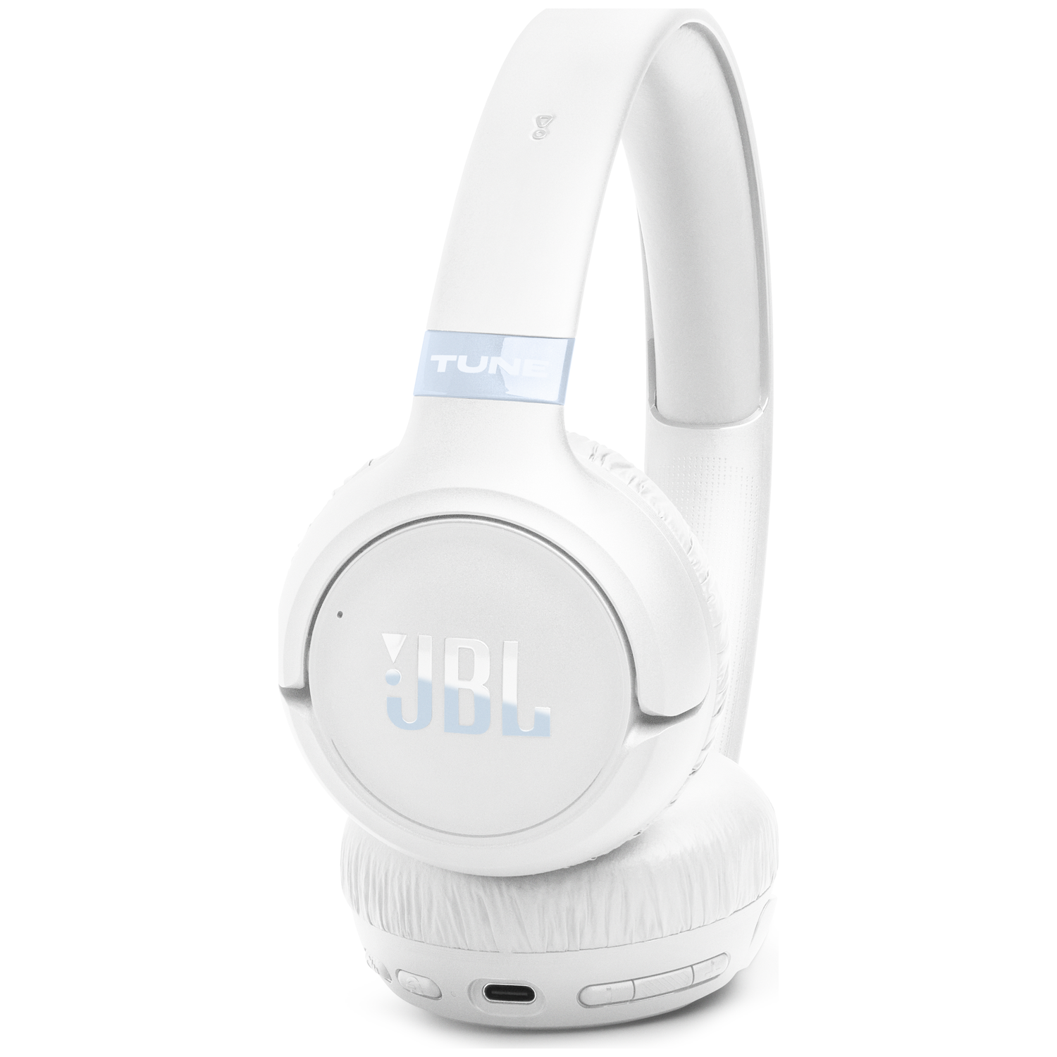 White JBL headphones with a blue accent and 