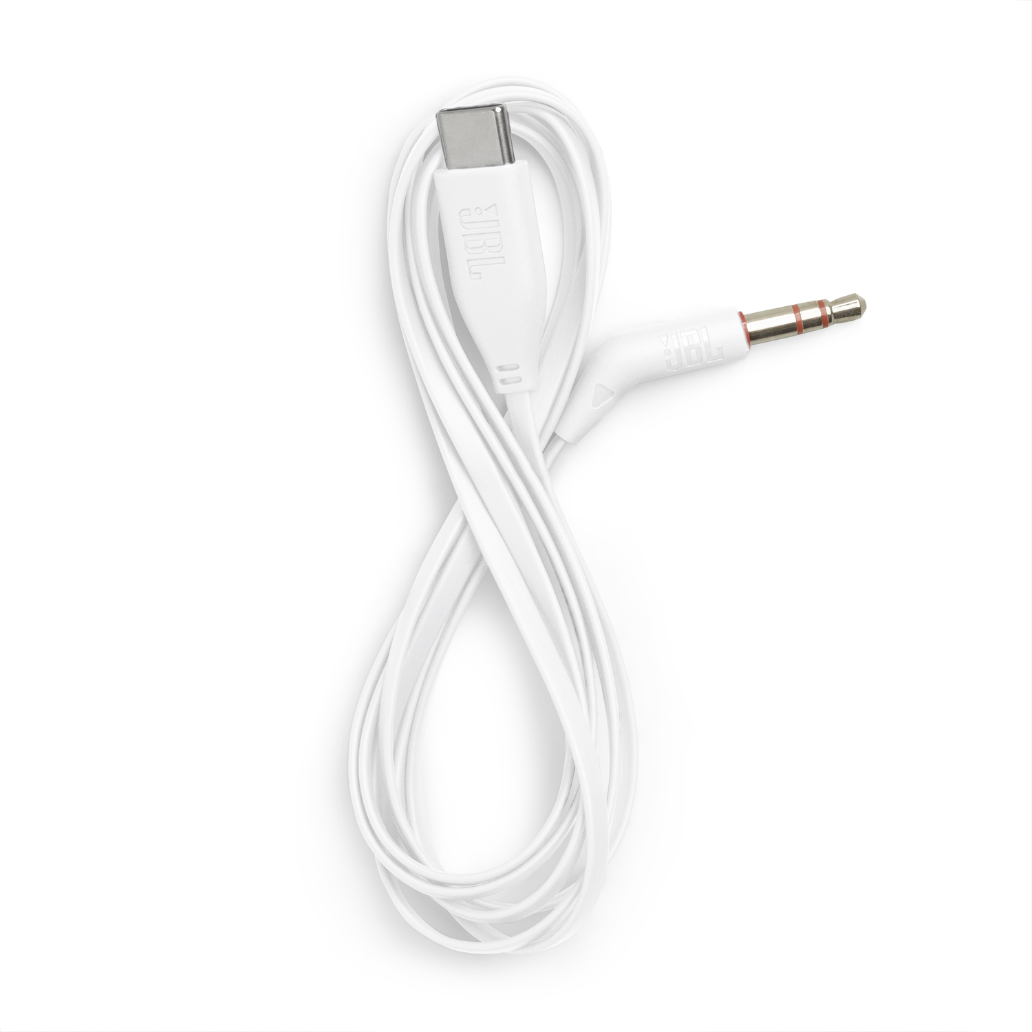 A white cable with USB-C and 3.5mm connectors, on a white background.