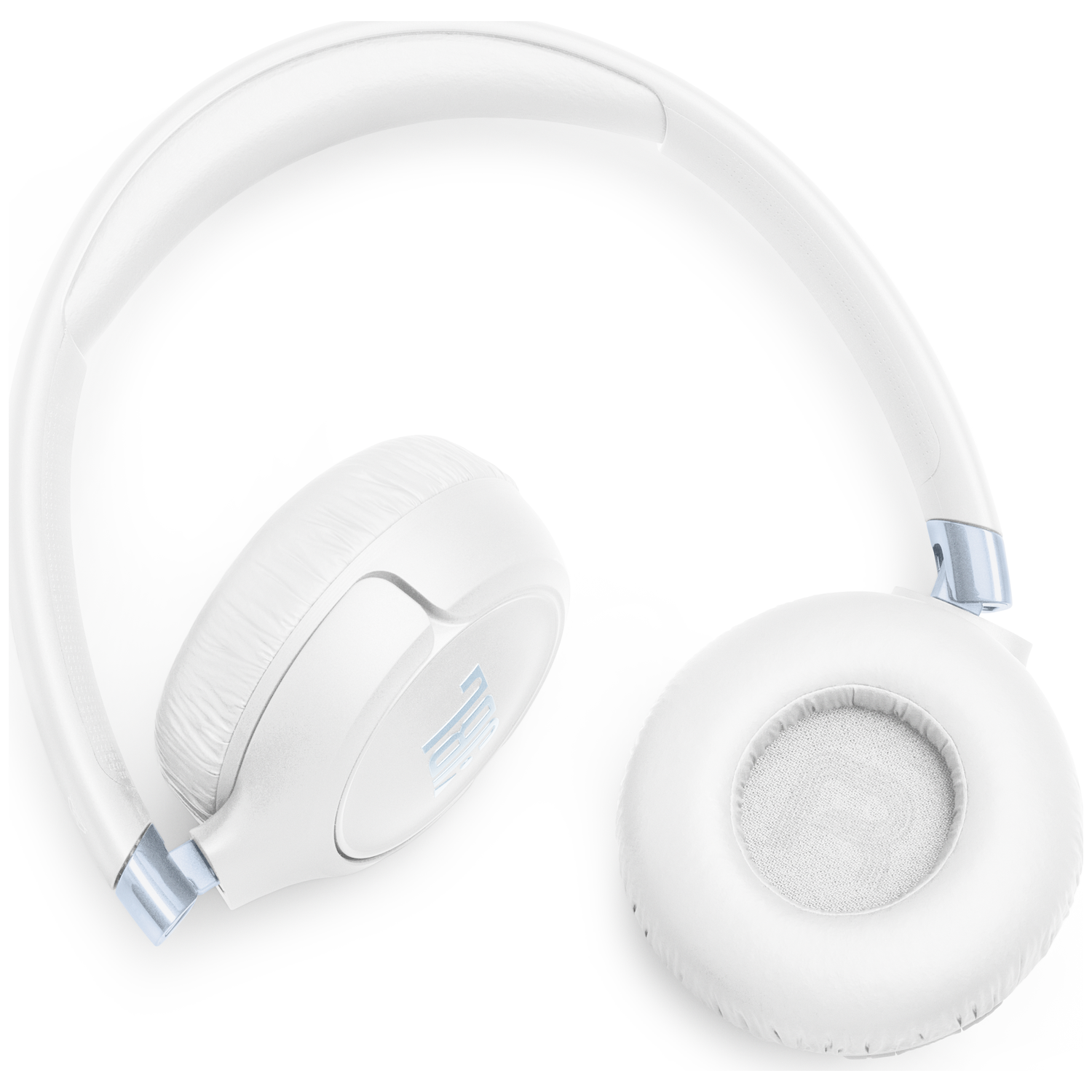 White headphones with silver accents on a white background.