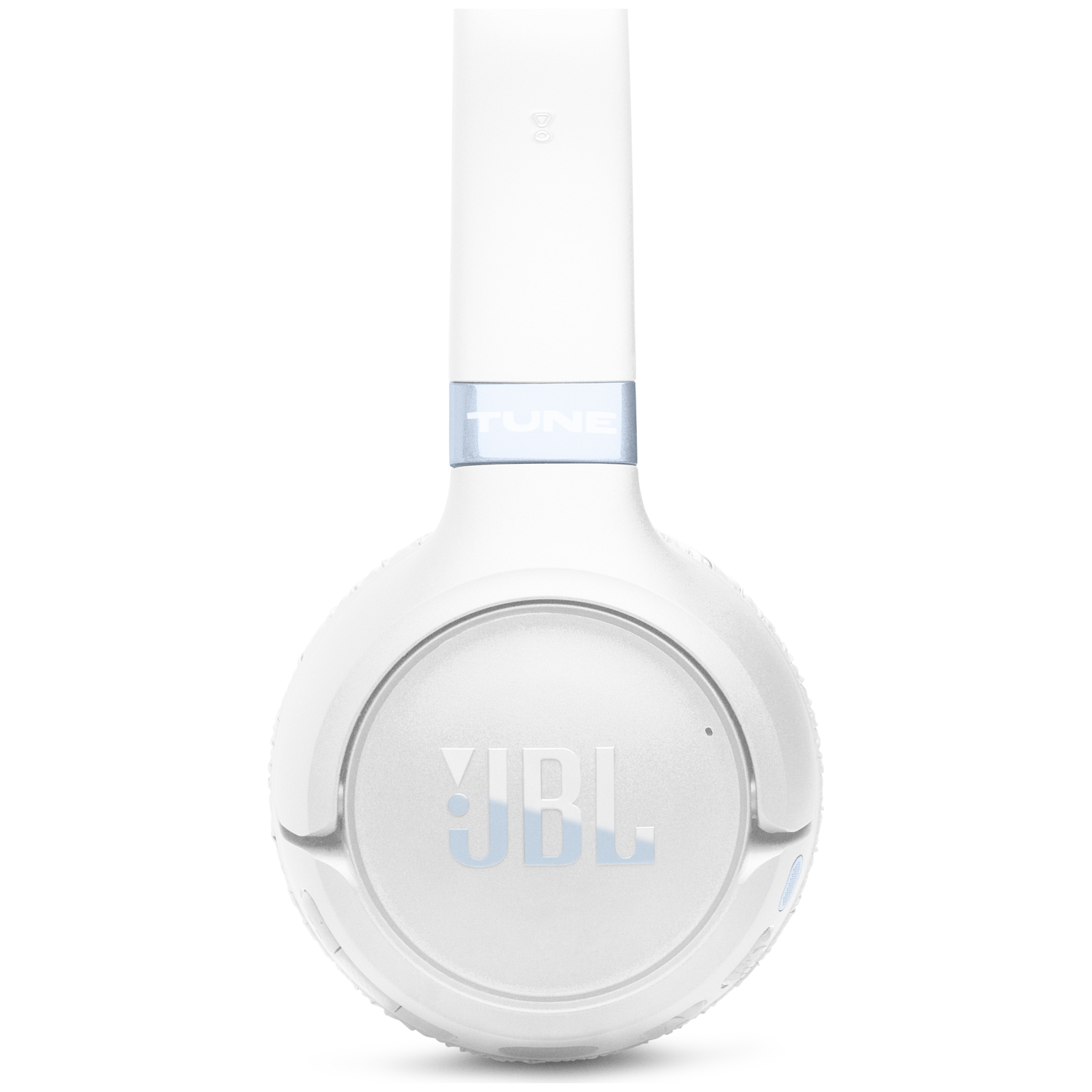 White JBL headphones with a blue 'TUNE' band and logo.