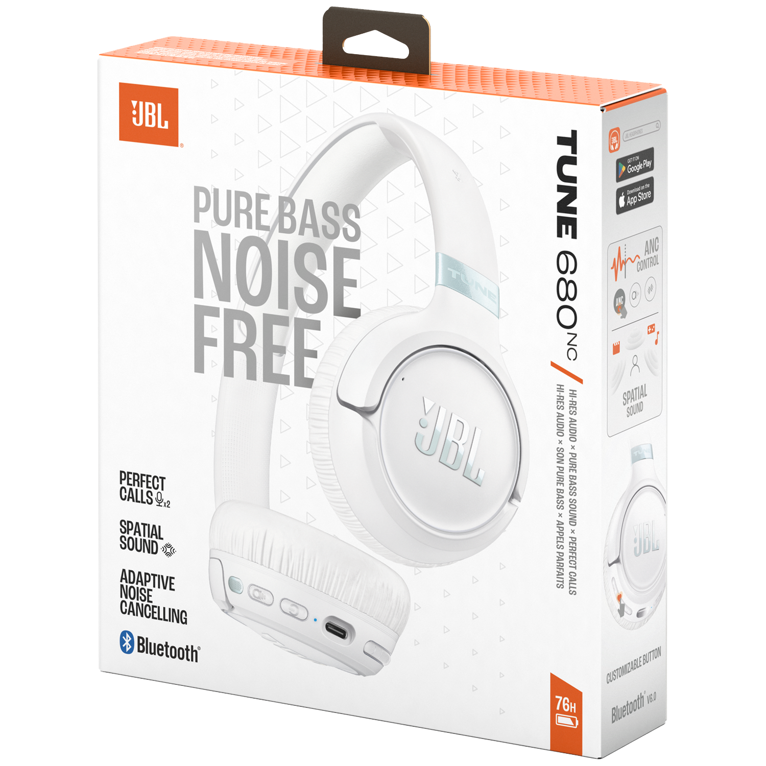 Box for white JBL Tune 680NC headphones with Bluetooth and noise cancelling.