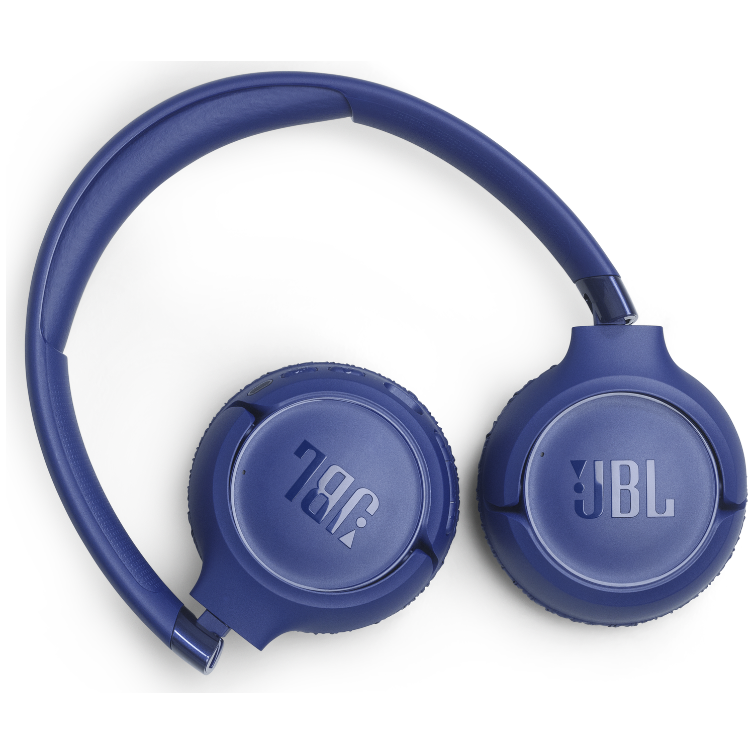 Blue JBL headphones with a headband are shown against a white background.