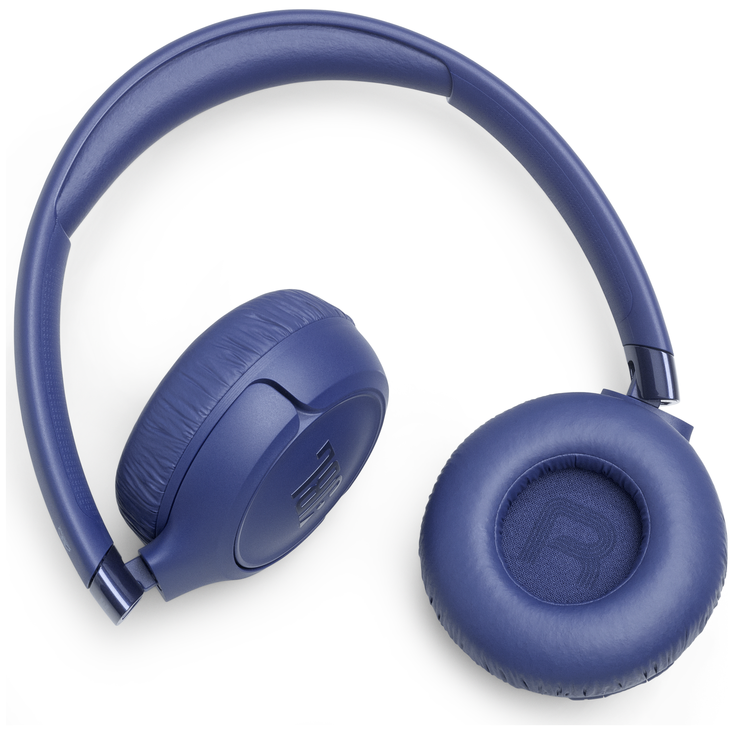 A pair of dark blue over-ear headphones with a headband and earcups on a white background.