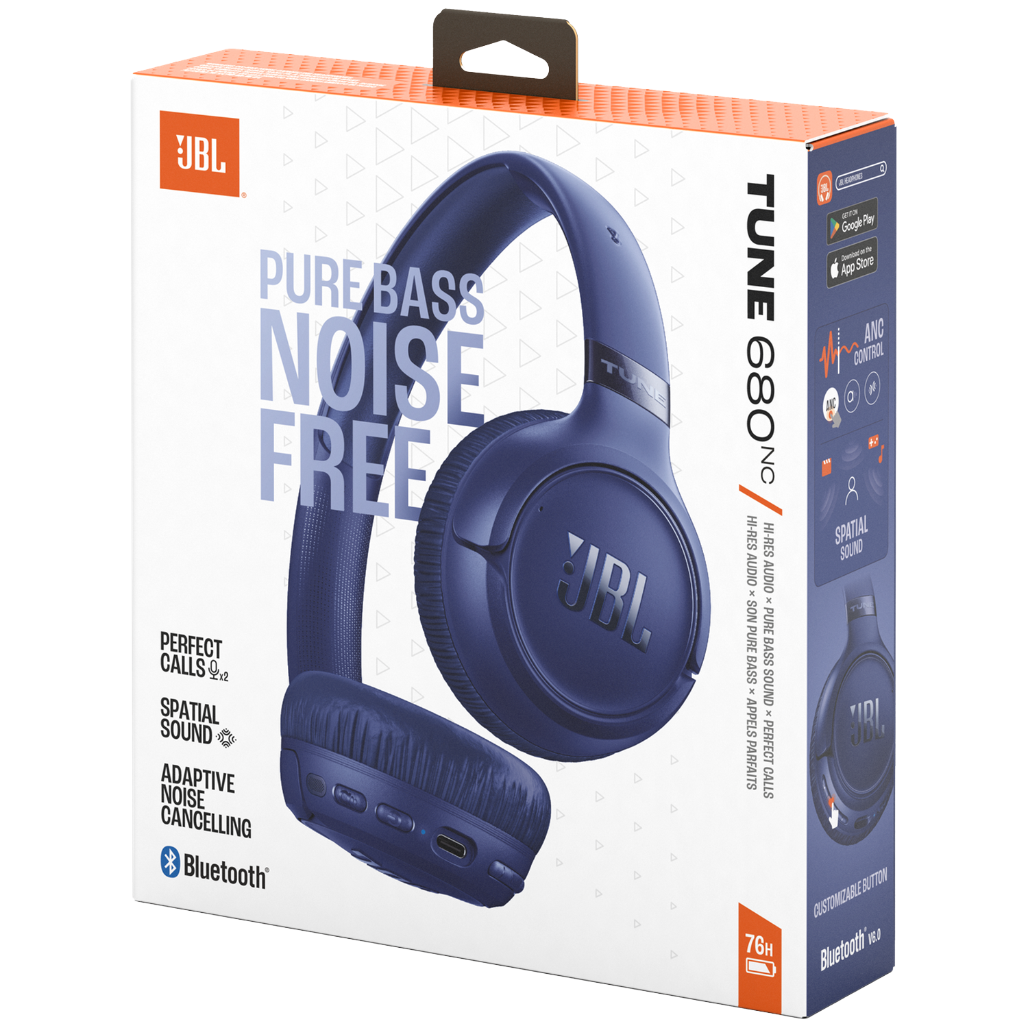 Packaging for JBL Tune 680NC headphones in dark blue with details.