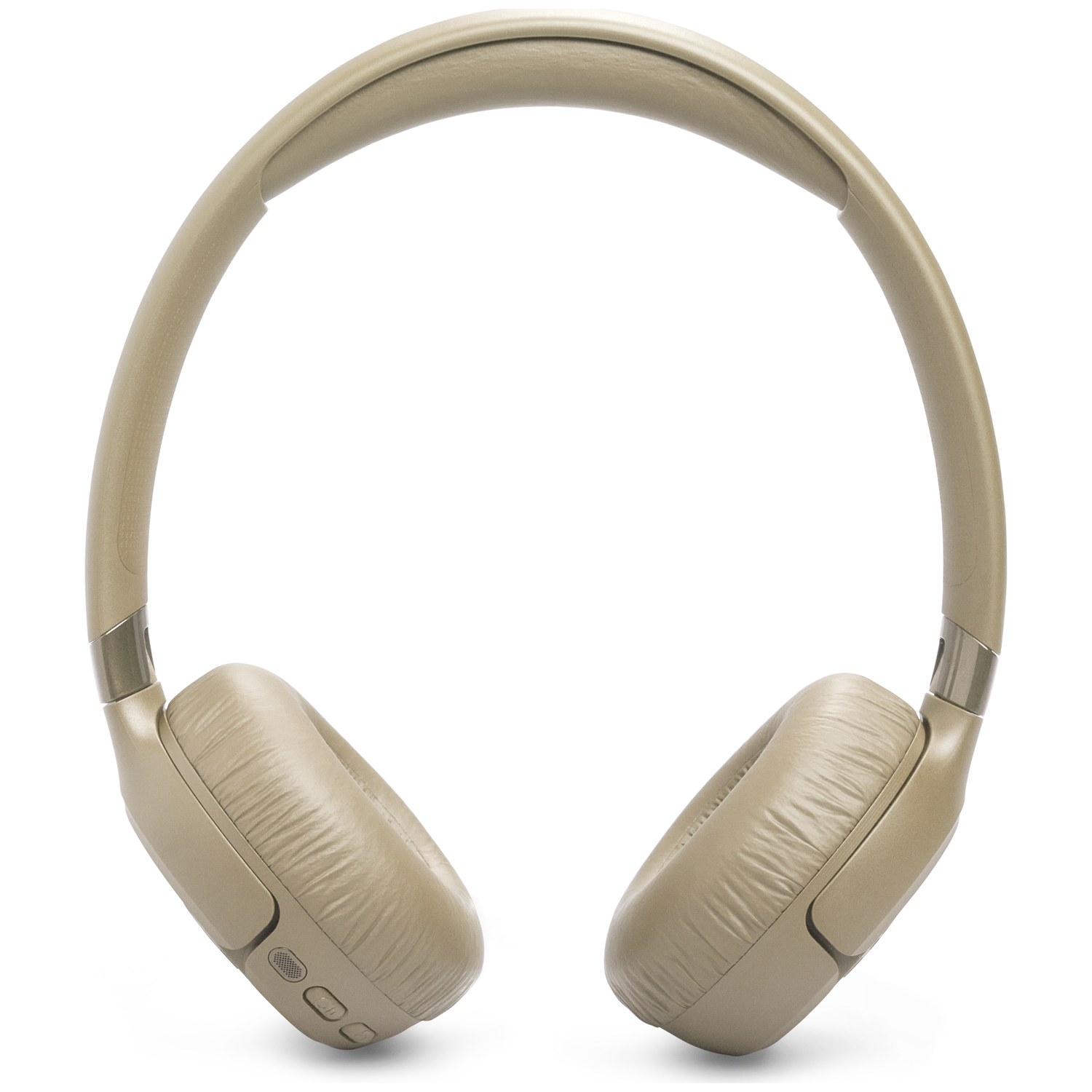Beige koptelefoon met gedempte oorschelpen en verstelbare hoofdband.