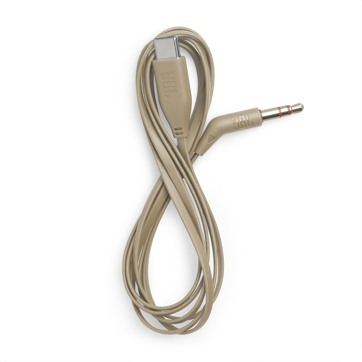 Een beige JBL kabel met USB-C en 3,5 mm jack connectoren.
