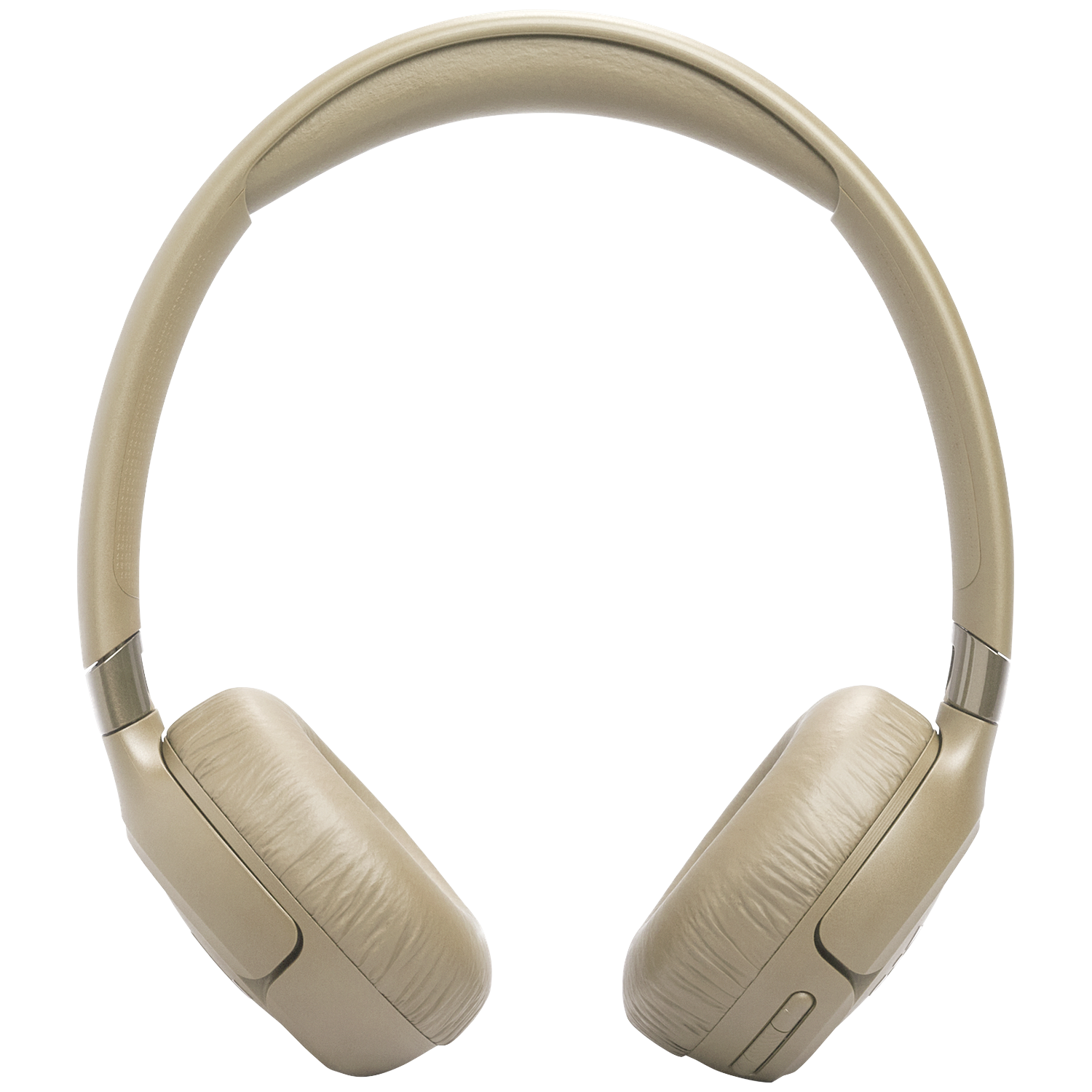 Een beige koptelefoon met gewatteerde oorschelpen en een gewatteerde hoofdband.