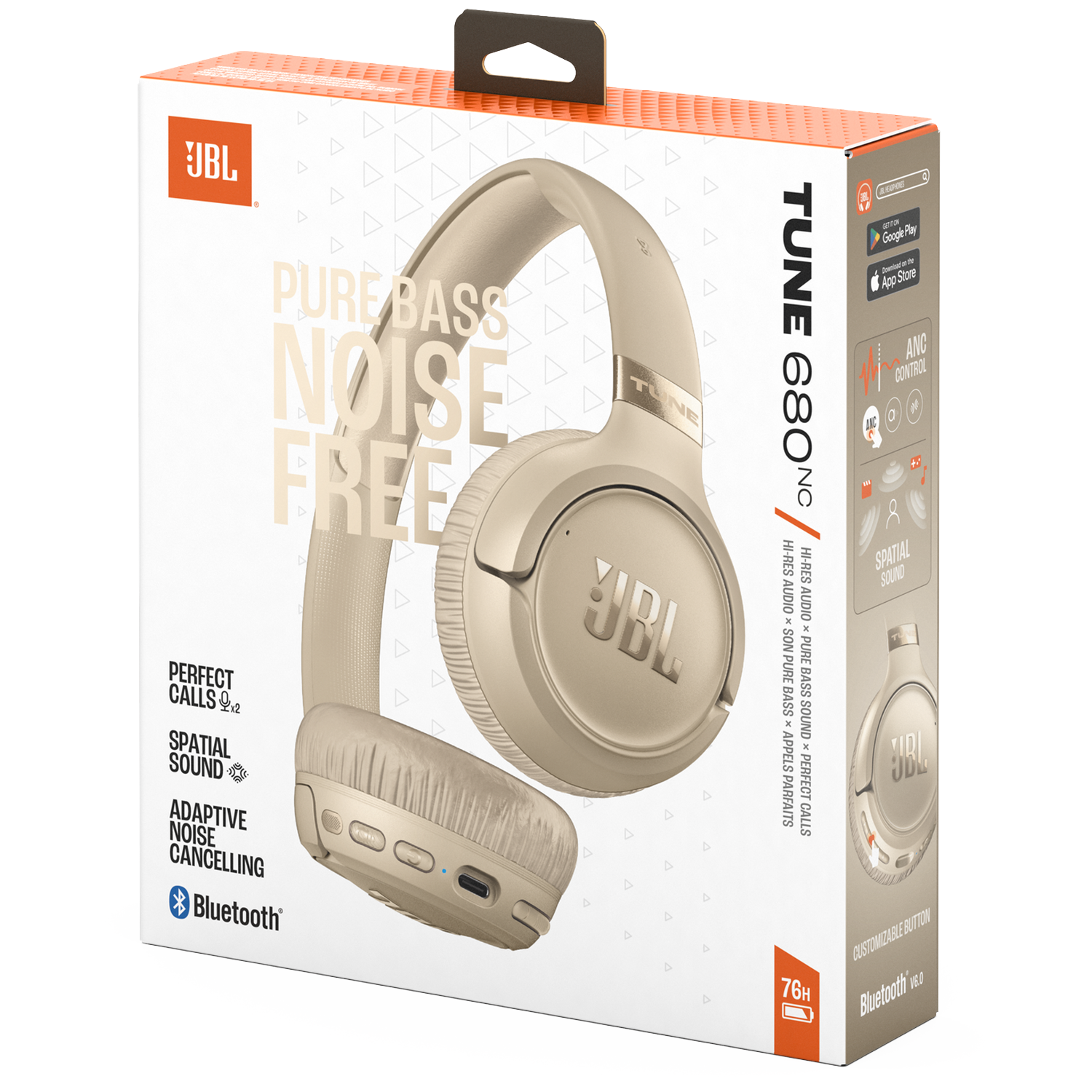 Beige JBL koptelefoon op een doos met productdetails.