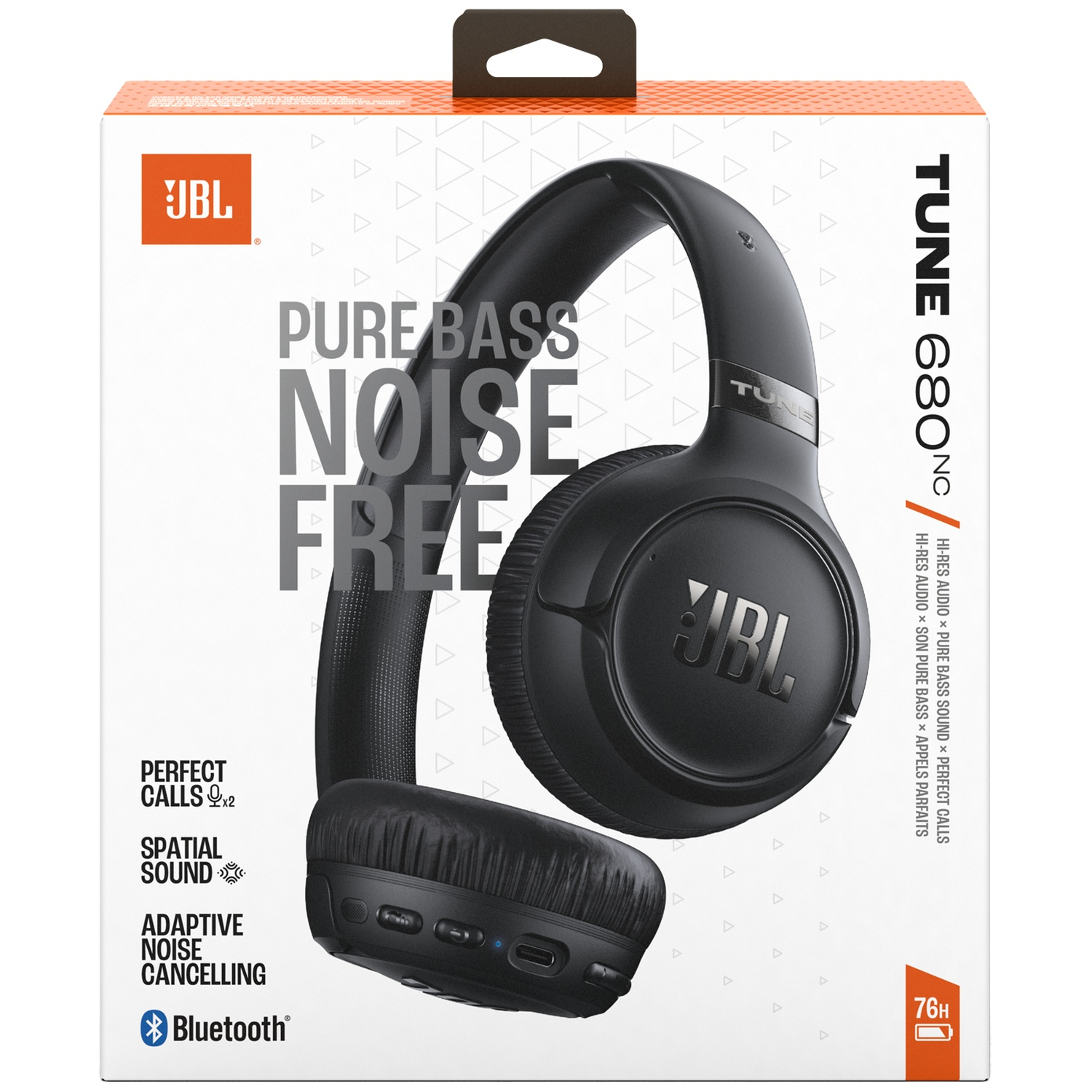 Casque JBL Tune 680NC noir à réduction de bruit sur emballage blanc.