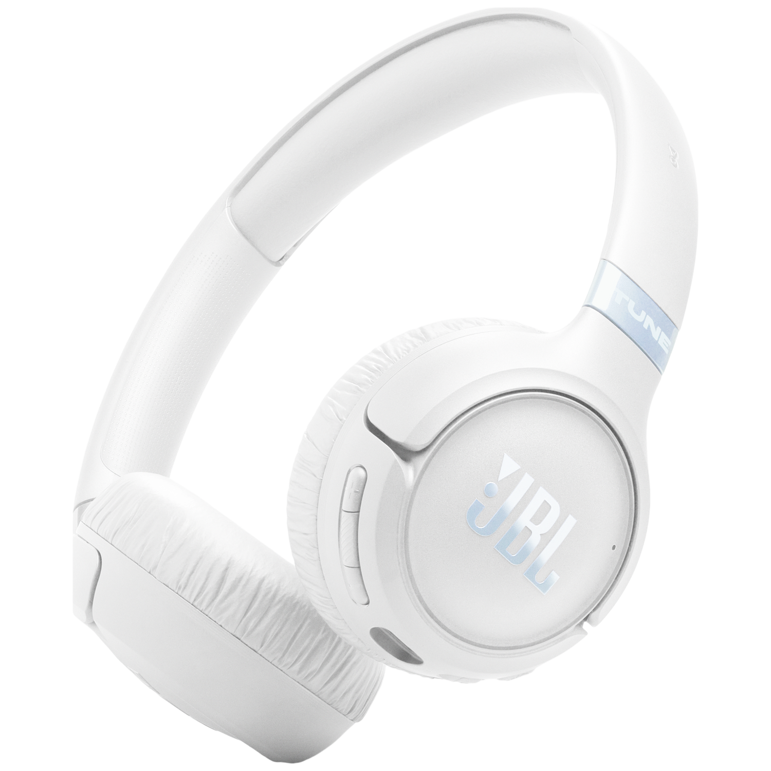 Casque JBL blanc avec texte 'TUNE' sur fond noir.