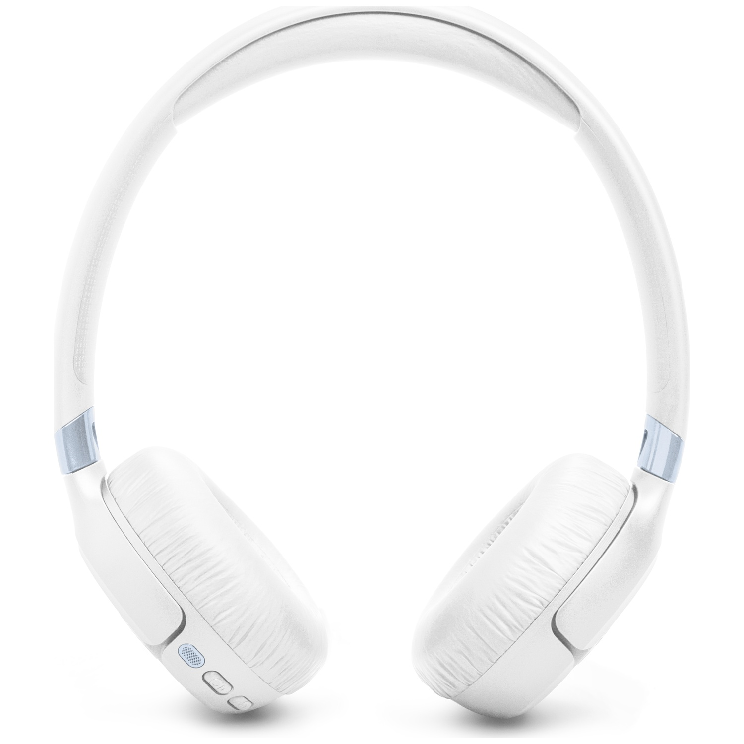 Casque blanc avec coussinets et accents argentés.