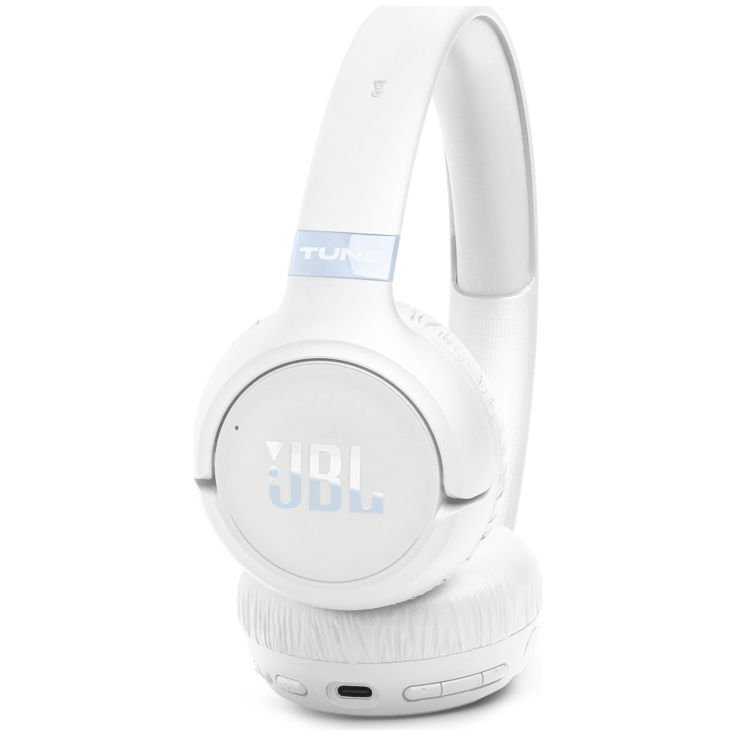 Casque JBL blanc avec accent bleu et logo "TUNE".