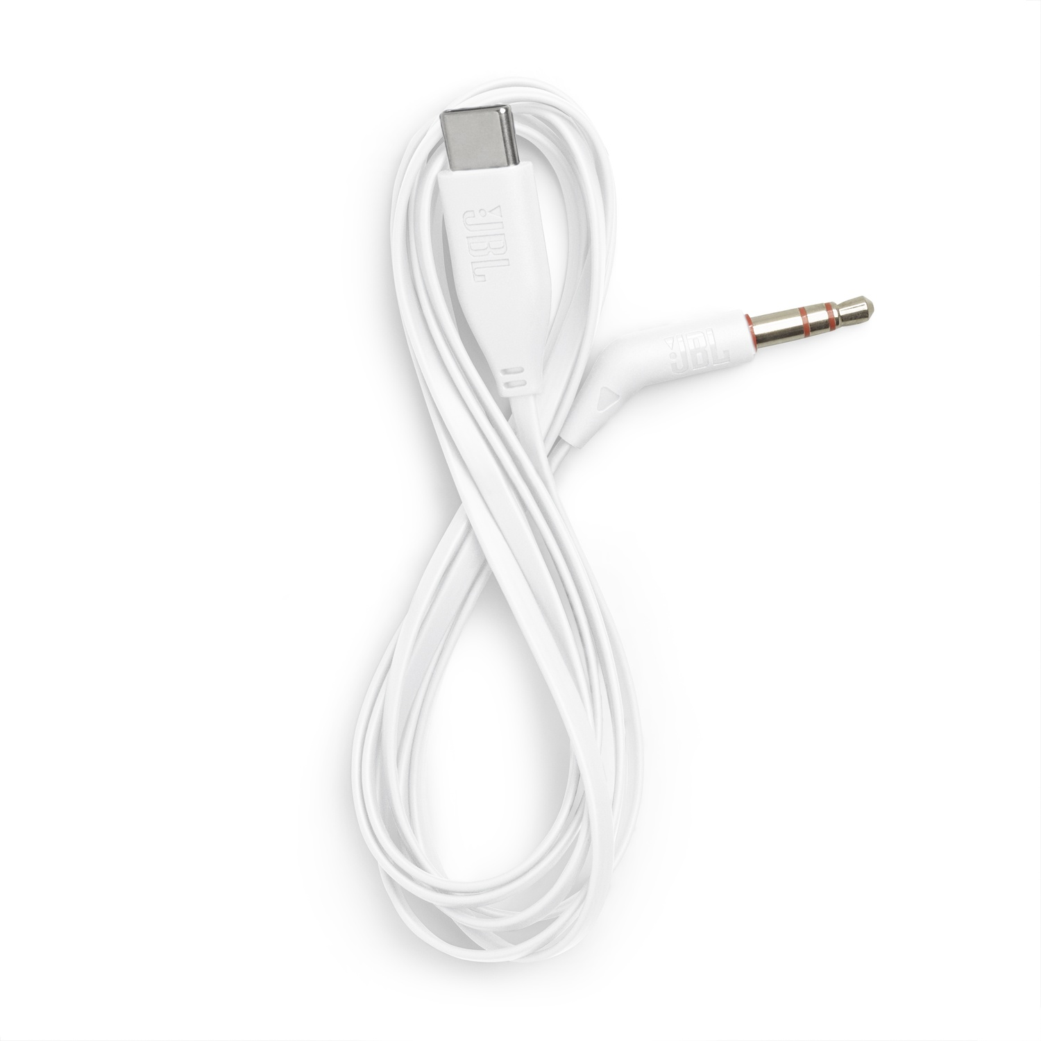 Câble audio blanc JBL USB-C vers 3,5 mm avec fil torsadé.