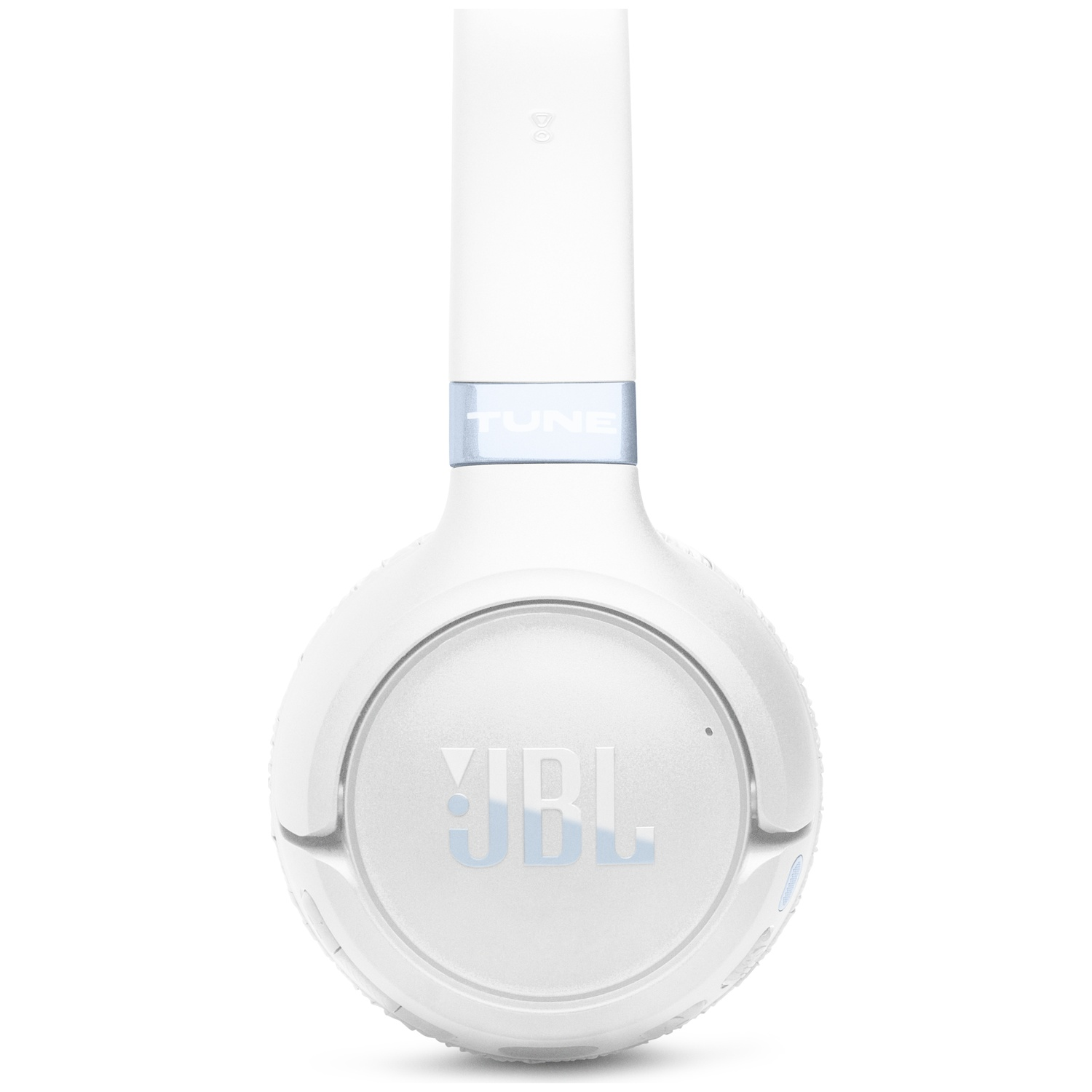 Casque blanc avec logo JBL et bande argentée.