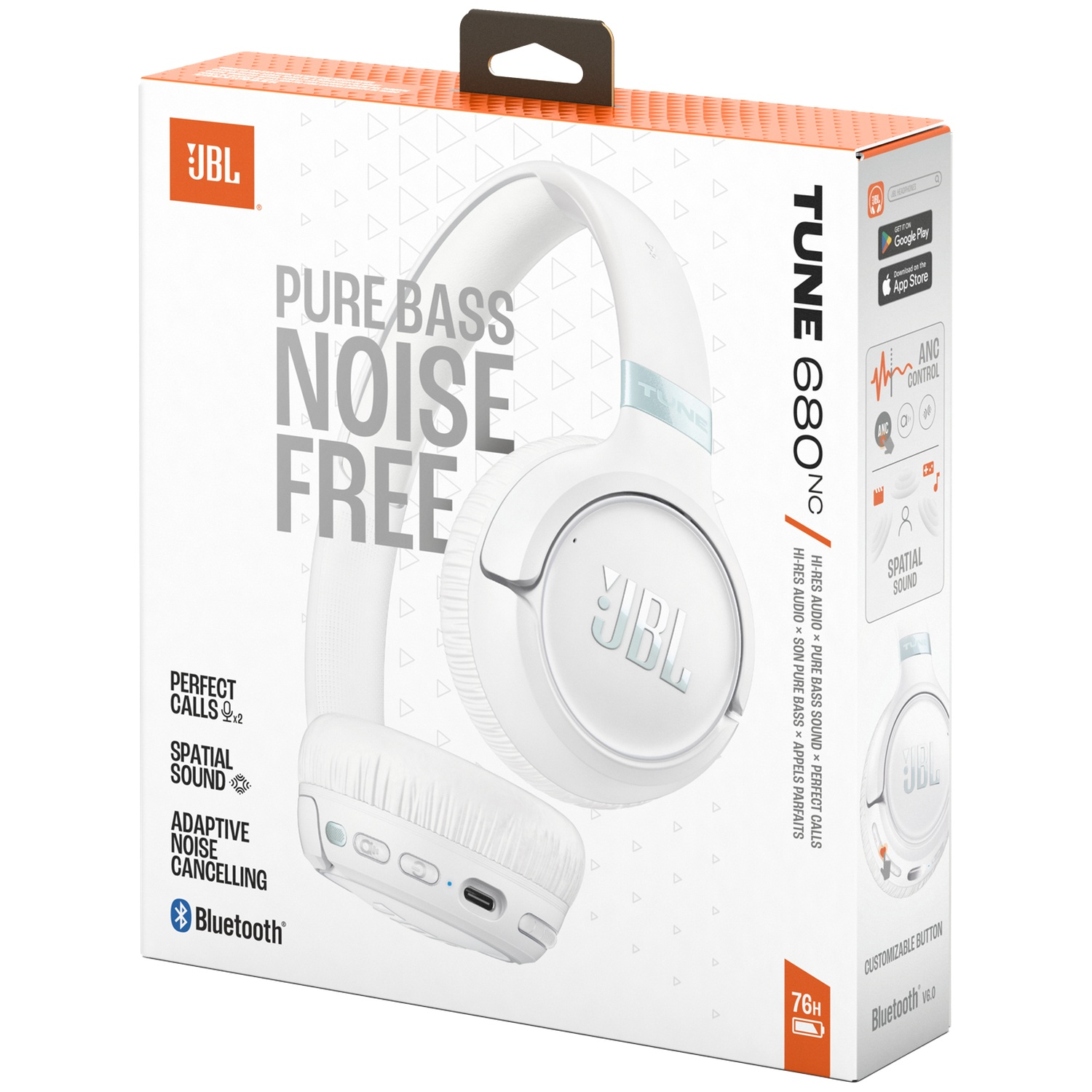 Emballage d'écouteurs JBL Tune 680NC blancs avec Pure Bass et réduction de bruit.