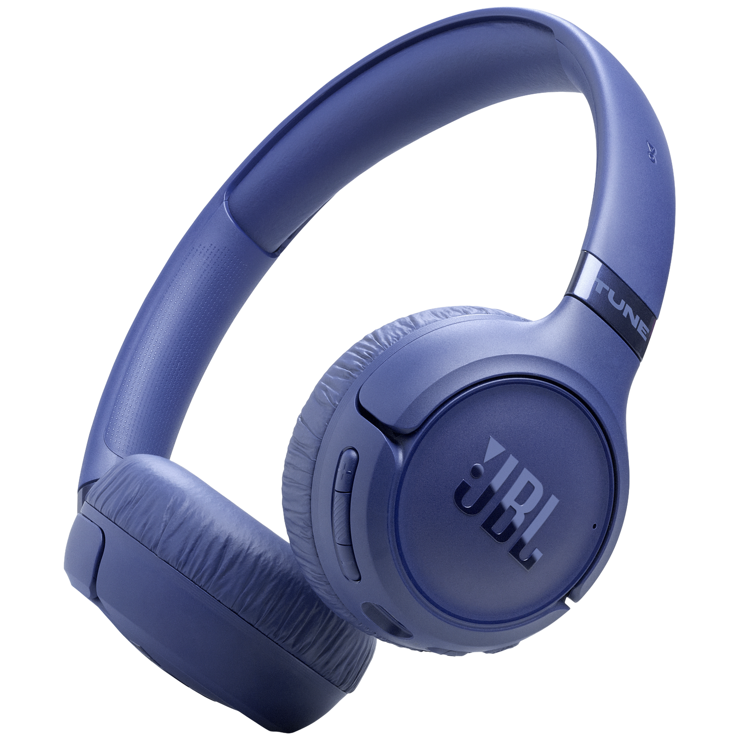 Un casque JBL bleu avec écouteurs et arceau sur fond noir.
