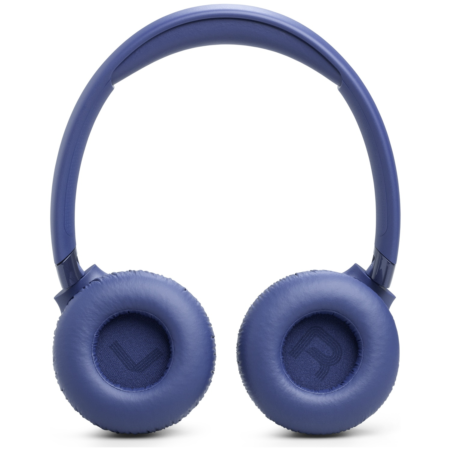 Casque bleu avec oreillettes rembourrées sur fond blanc.