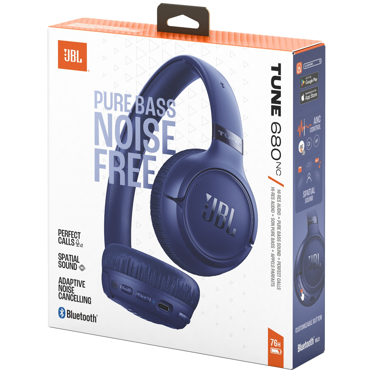 Boîte avec casque JBL Tune 680NC bleu. Pure Bass, Noise Free.