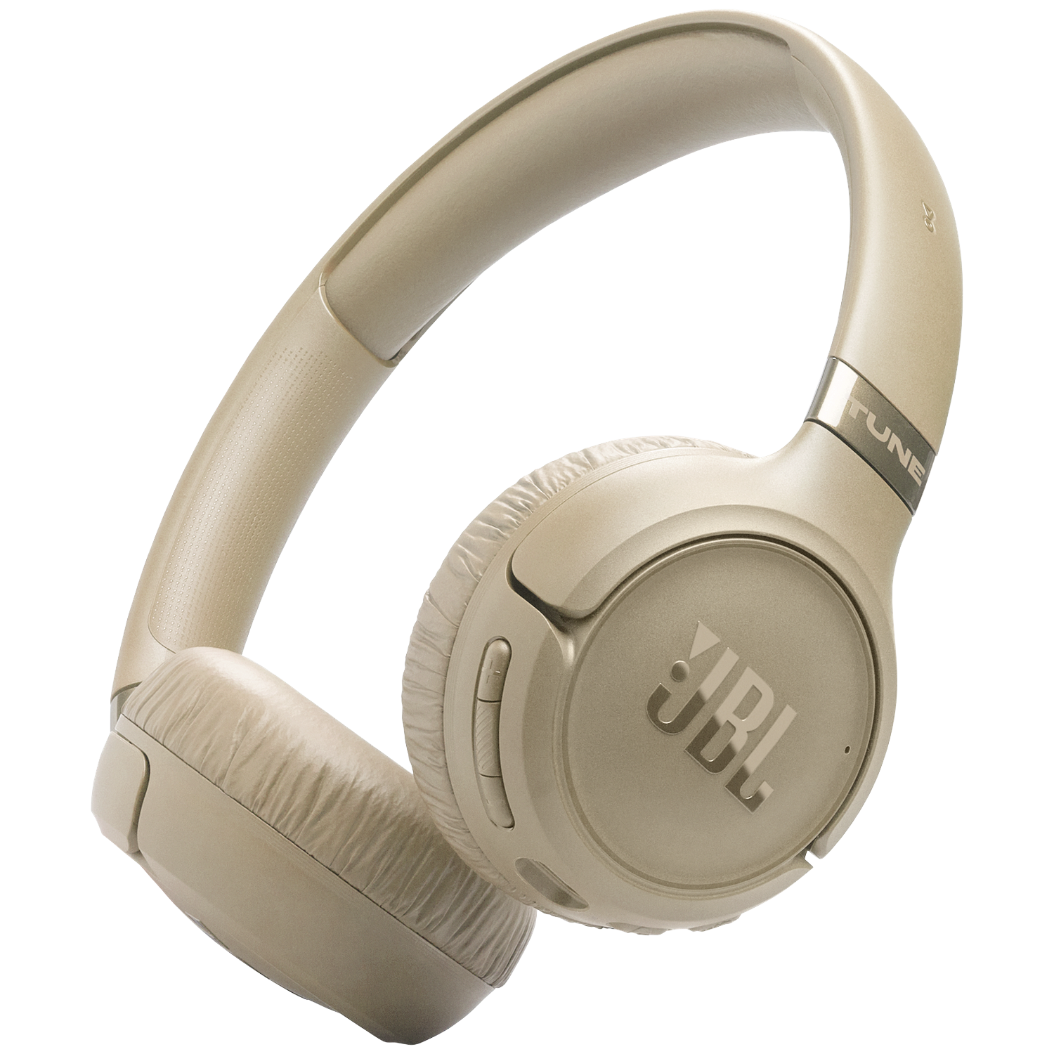 Casque JBL beige avec inscription argentée "TUNE" sur l'arceau.