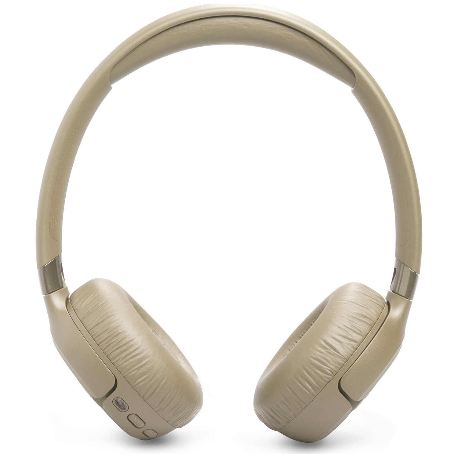 Casque sans fil beige avec écouteurs rembourrés et arceau. Vue de face.