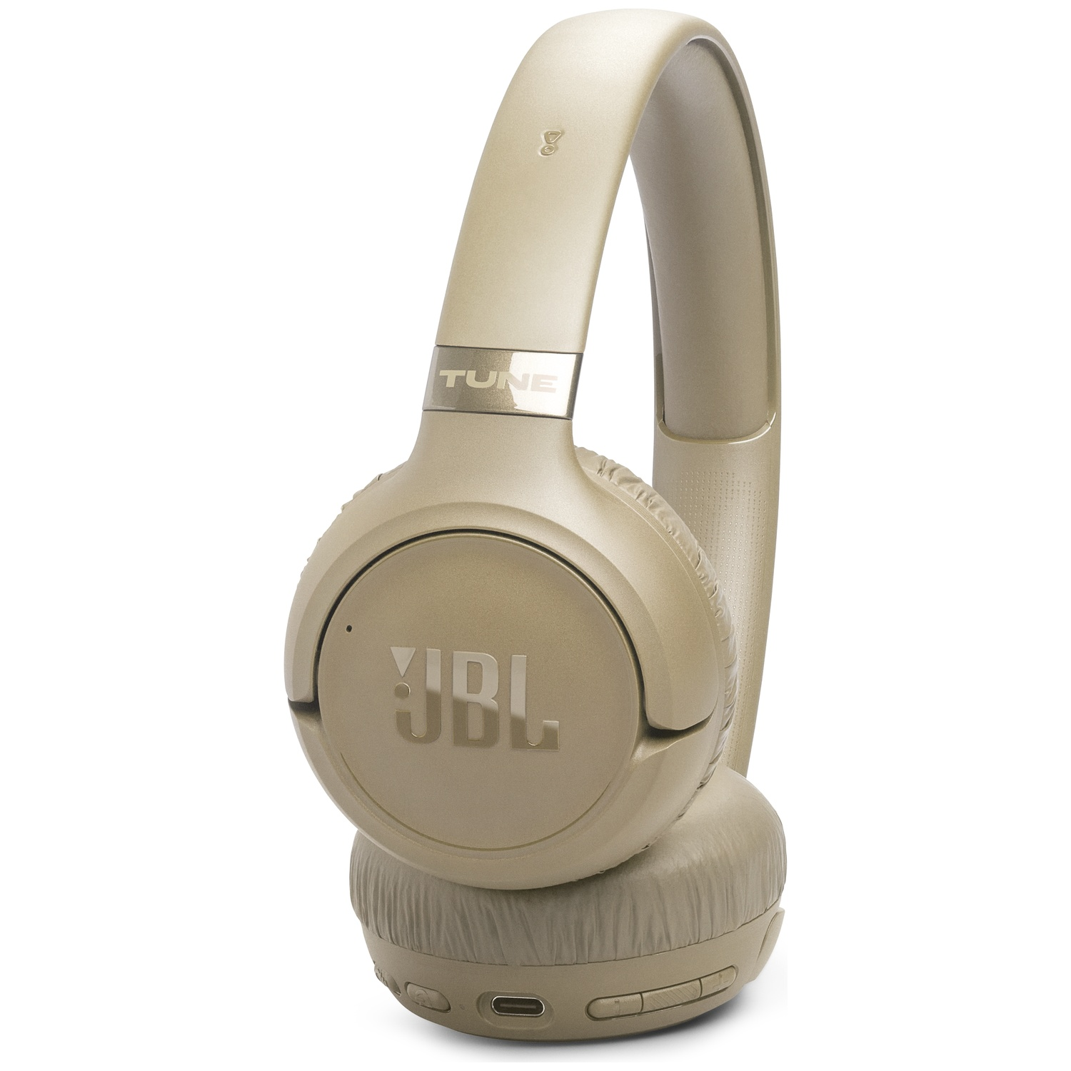 Casque JBL beige avec logo TUNE argenté, sur fond blanc.