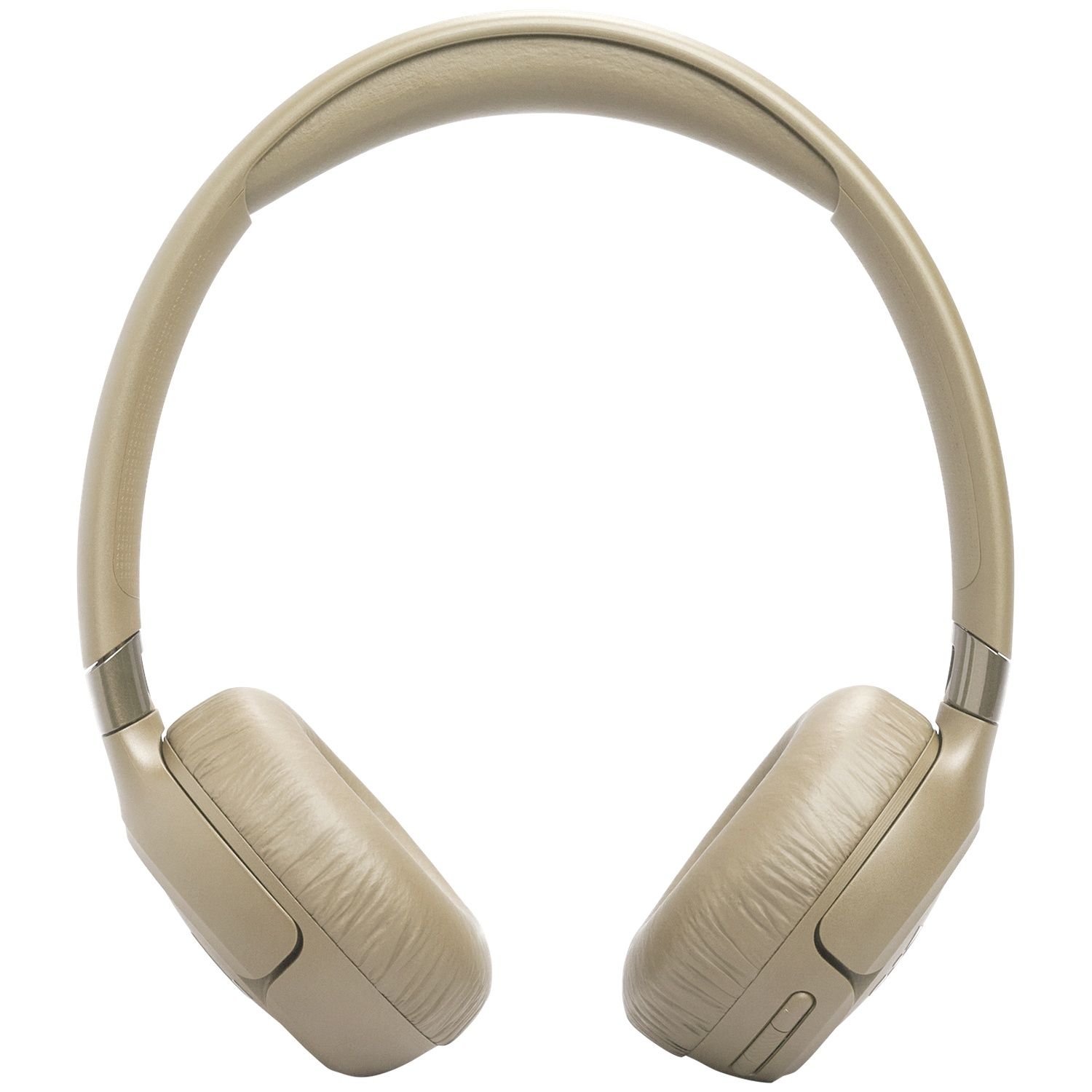 Casque beige avec arceau et écouteurs rembourrés, sur fond blanc.