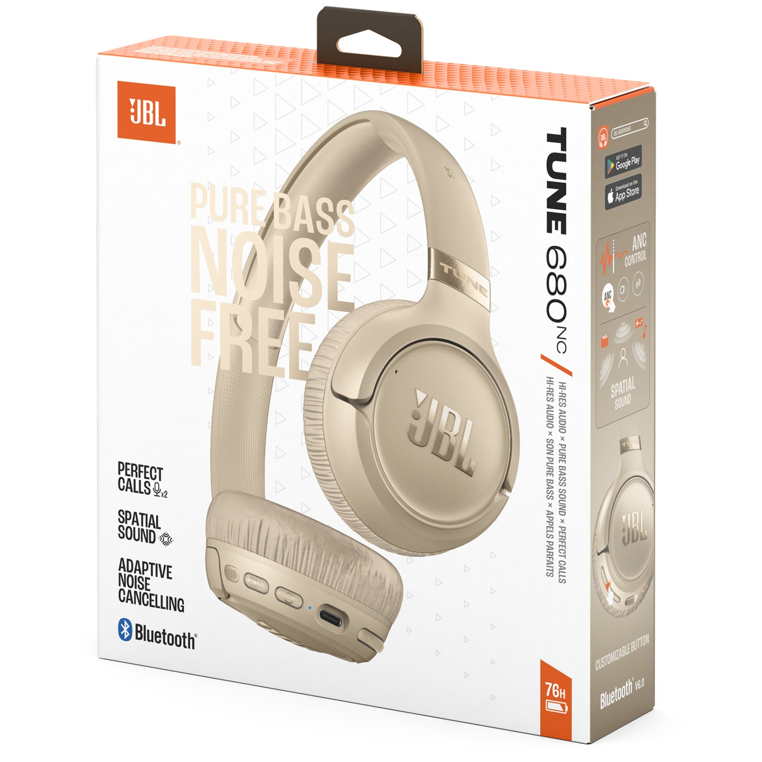 Casque JBL Tune 680NC beige sur emballage avec fonctions ANC et Bluetooth.