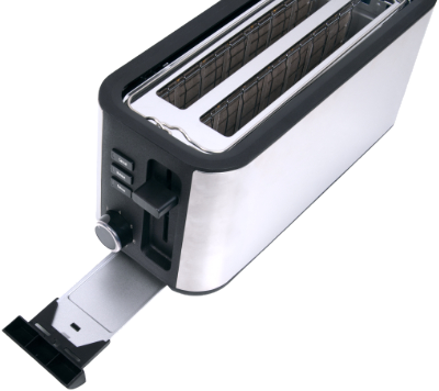 Ein silberner und schwarzer Toaster mit zwei Schlitzen und einem herausgezogenen Krümelschublade.