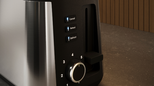 Edelstahl-Toaster mit Cancel-, Reheat- und Defrost-Knöpfen und Drehregler.
