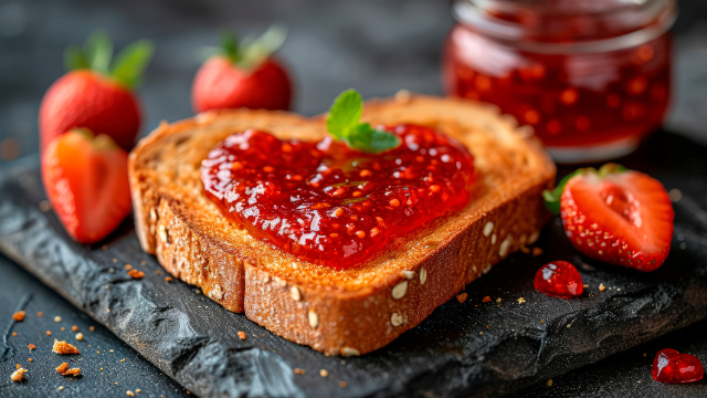 Herzförmige Marmeladen-Toast mit Erdbeeren und Minze auf dunklem Stein.