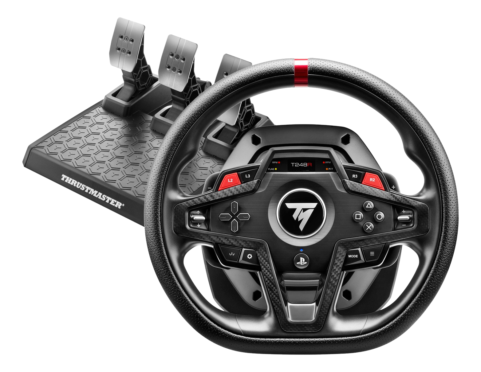 Un volant de jeu avec pédales et accents carbone sur fond noir.