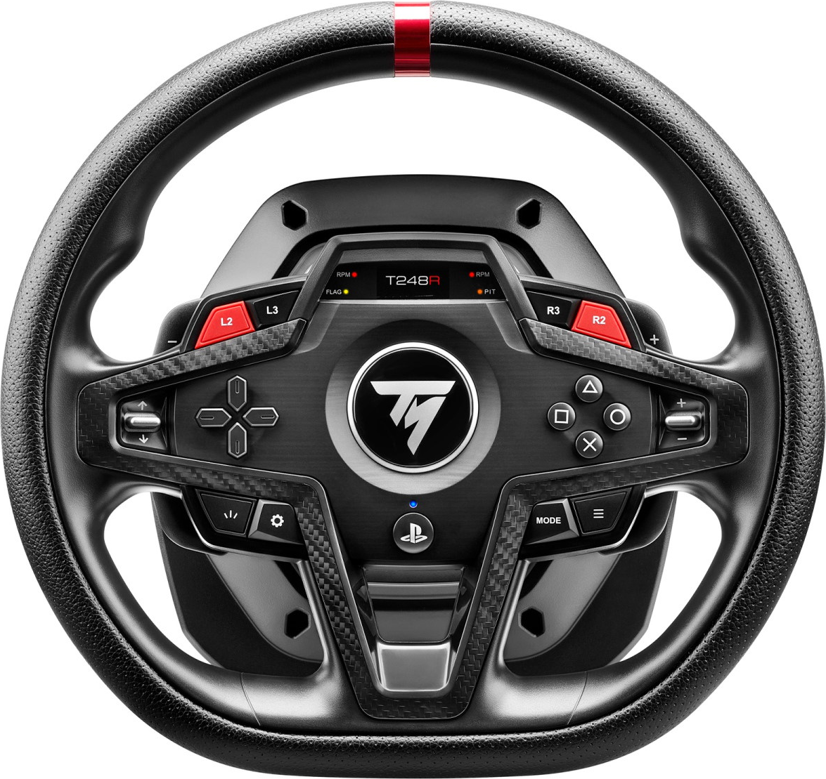 Un volant de jeu noir avec des accents rouges, des boutons et un écran.