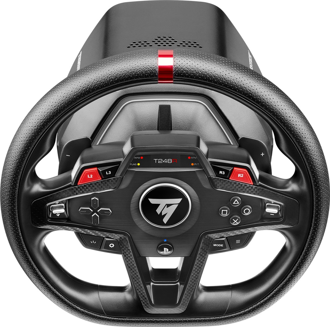 Volant de course noir avec boutons rouges et logo argenté.