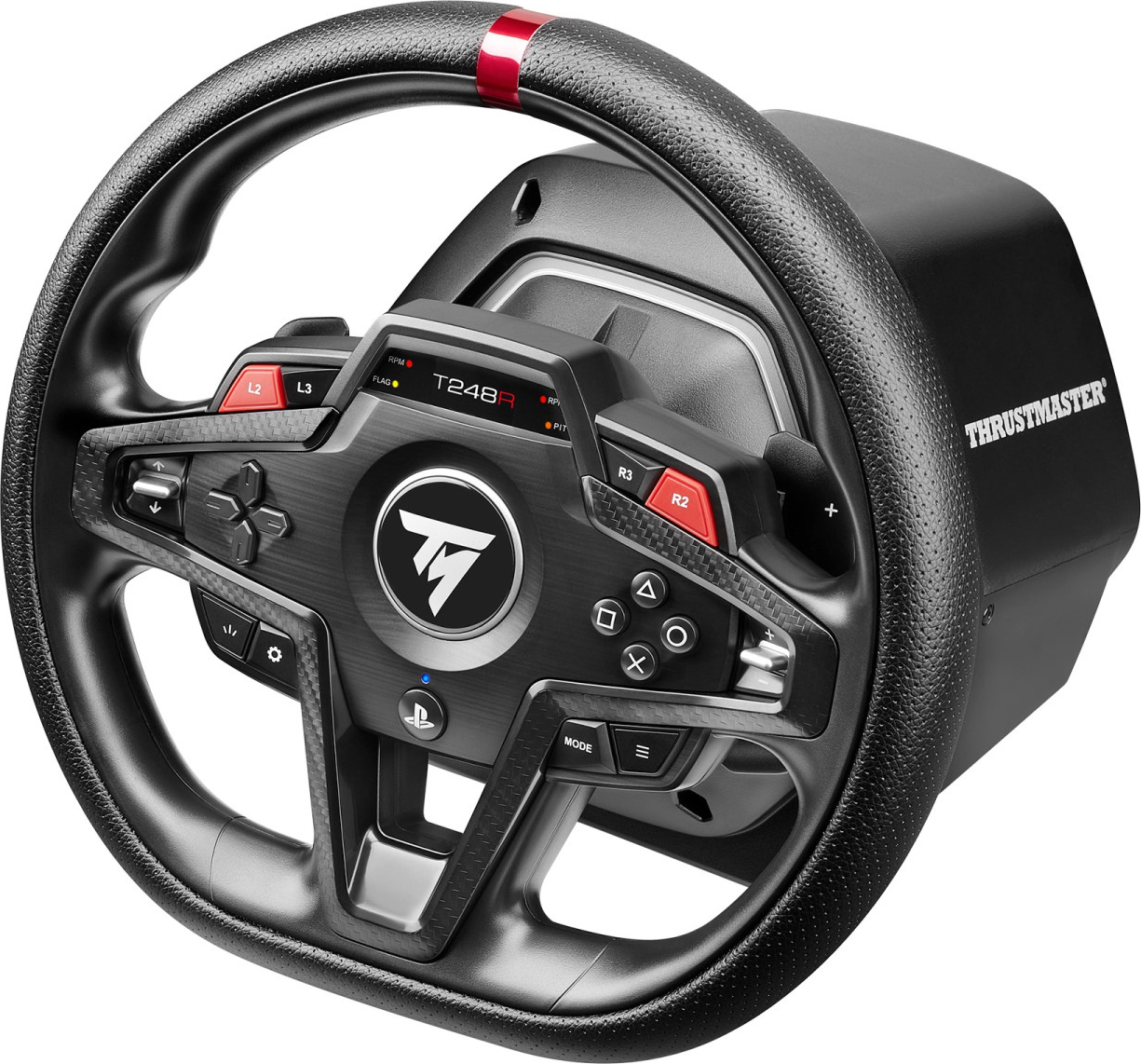 Un volant de course noir avec des accents rouges et argentés et des commandes.