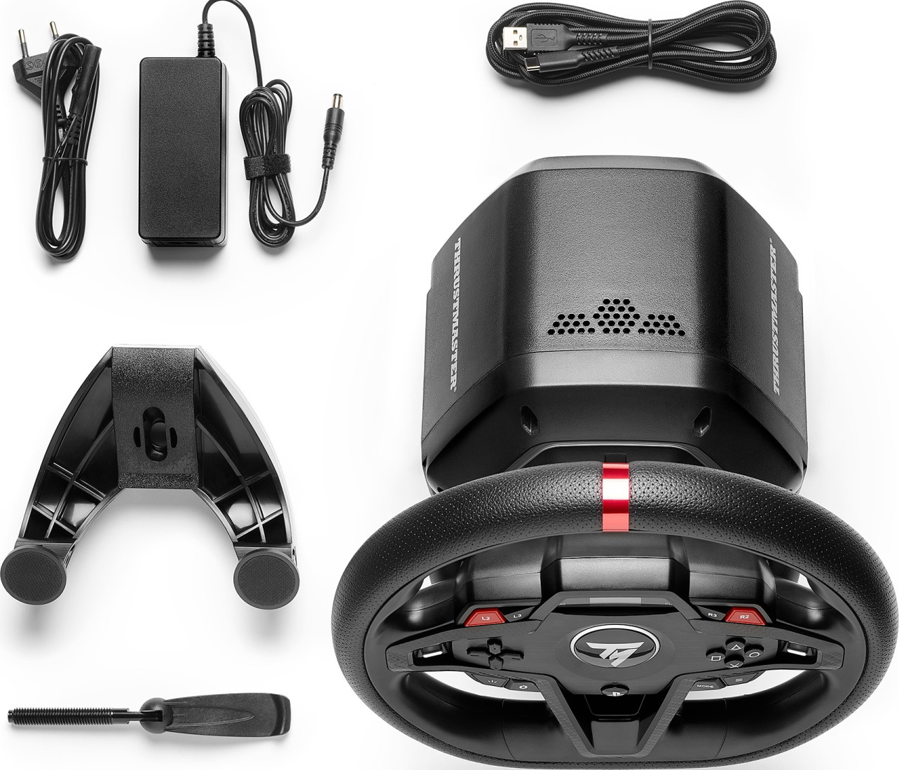 Ensemble de volant de course avec adaptateur secteur, câbles, support.