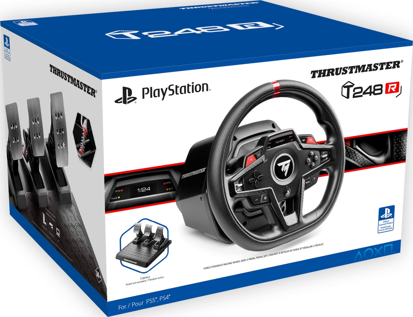 Volant de course Thrustmaster T248 avec set de 3 pédales pour PS5/PS4, volant noir avec accents rouges.