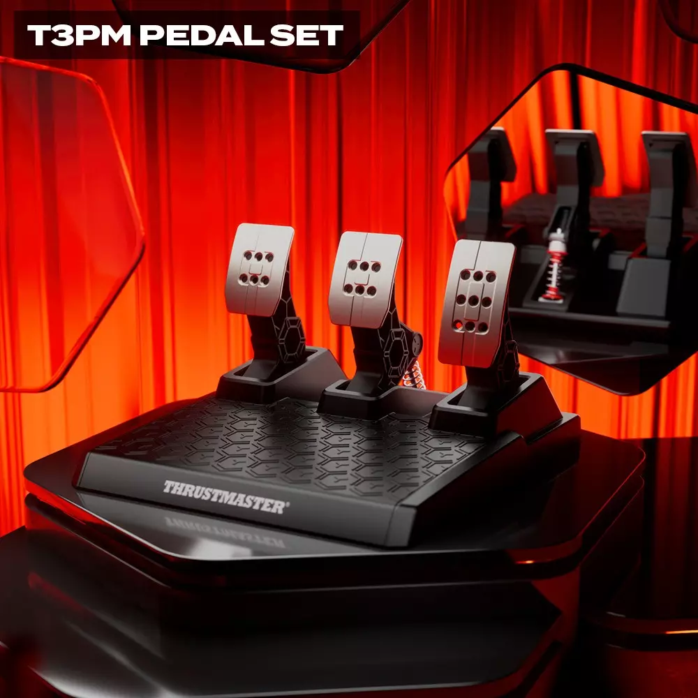 Ensemble de pédales Thrustmaster T3PM avec trois pédales argentées sur base noire