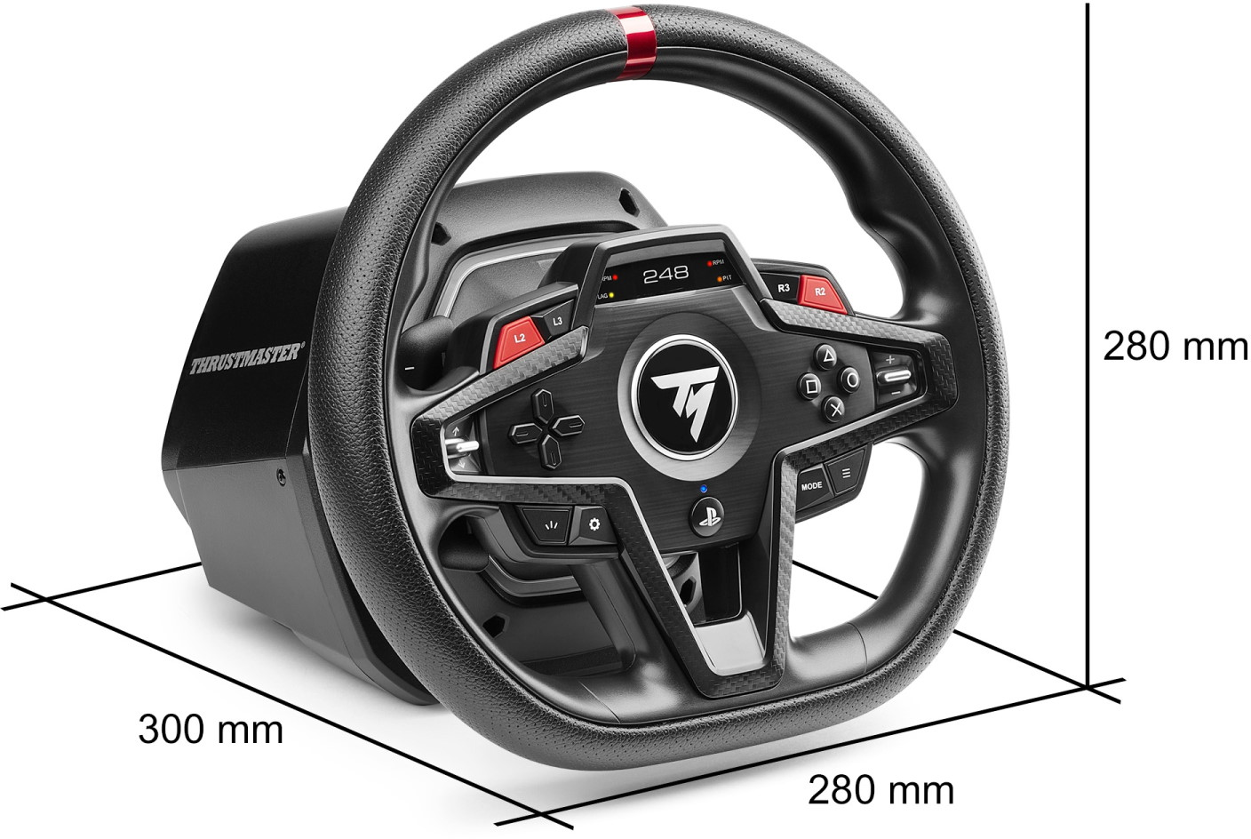 Volant Thrustmaster noir avec accents rouges et argentés et écrans numériques.