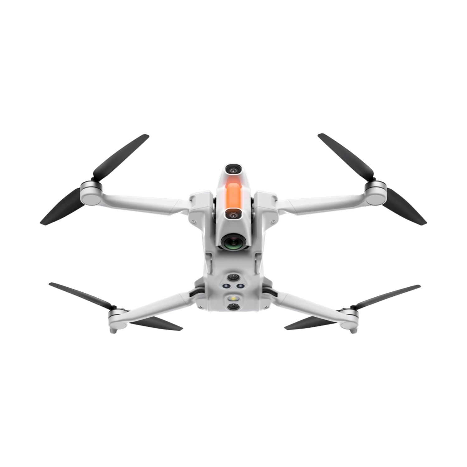 Un mini drone bianco con eliche nere e una sezione superiore arancione.