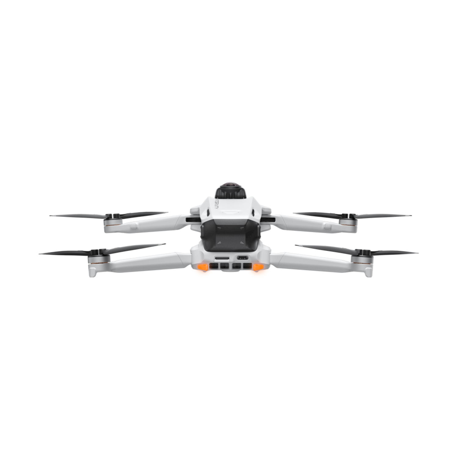 Un drone bianco con quattro eliche, telecamera frontale e luci arancioni.