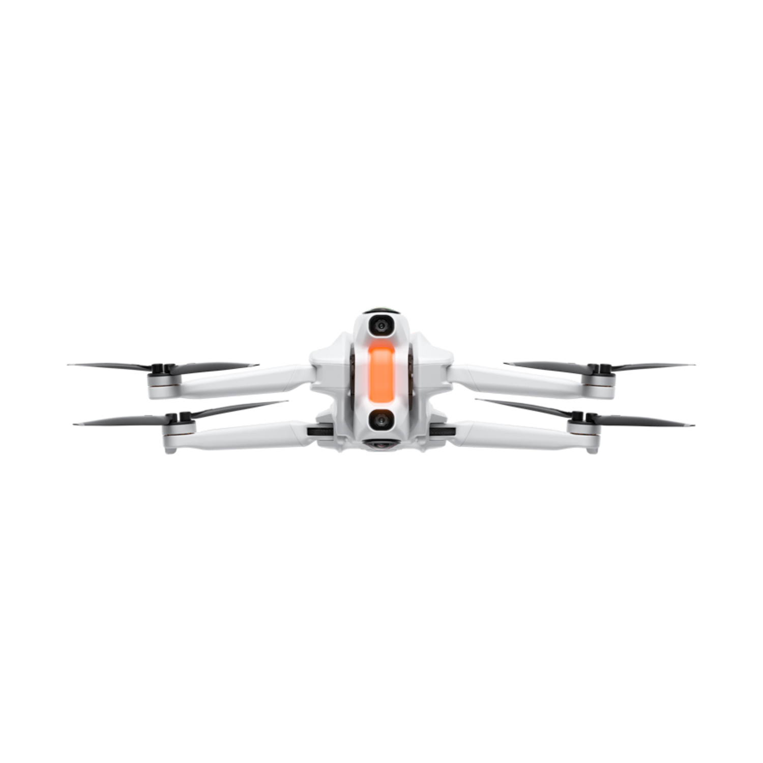 Un drone bianco con accento arancione e quattro eliche.